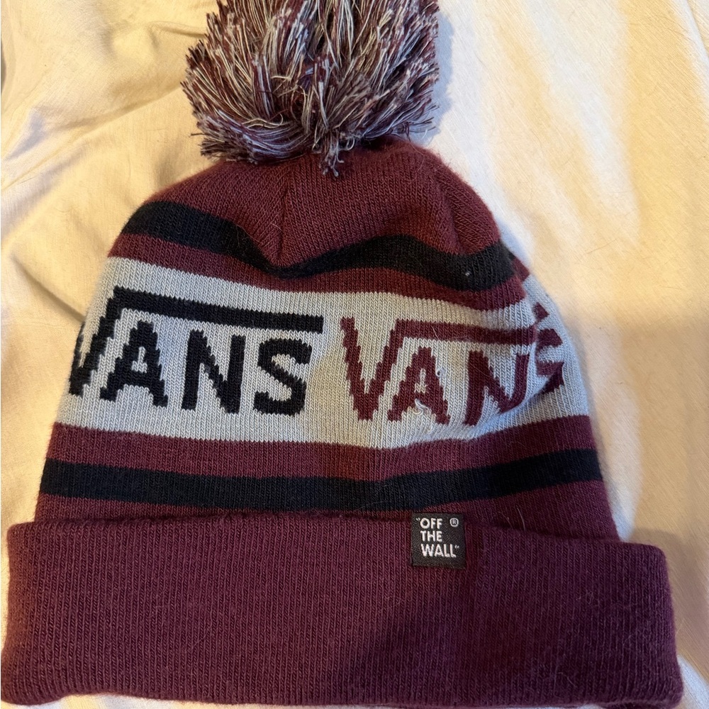 Vans Burgundy Gray Black Pom Beanie
